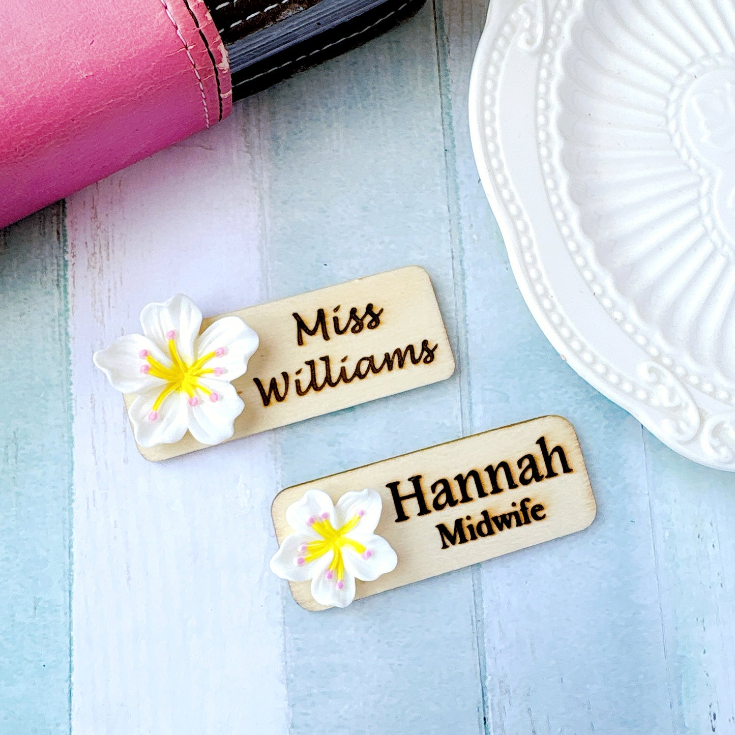 3D White Sakura Flower Personalized Name Tag