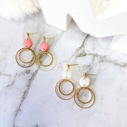 Speckled White Dual Ring Dangle Earrings – Minimal Luxe Collection