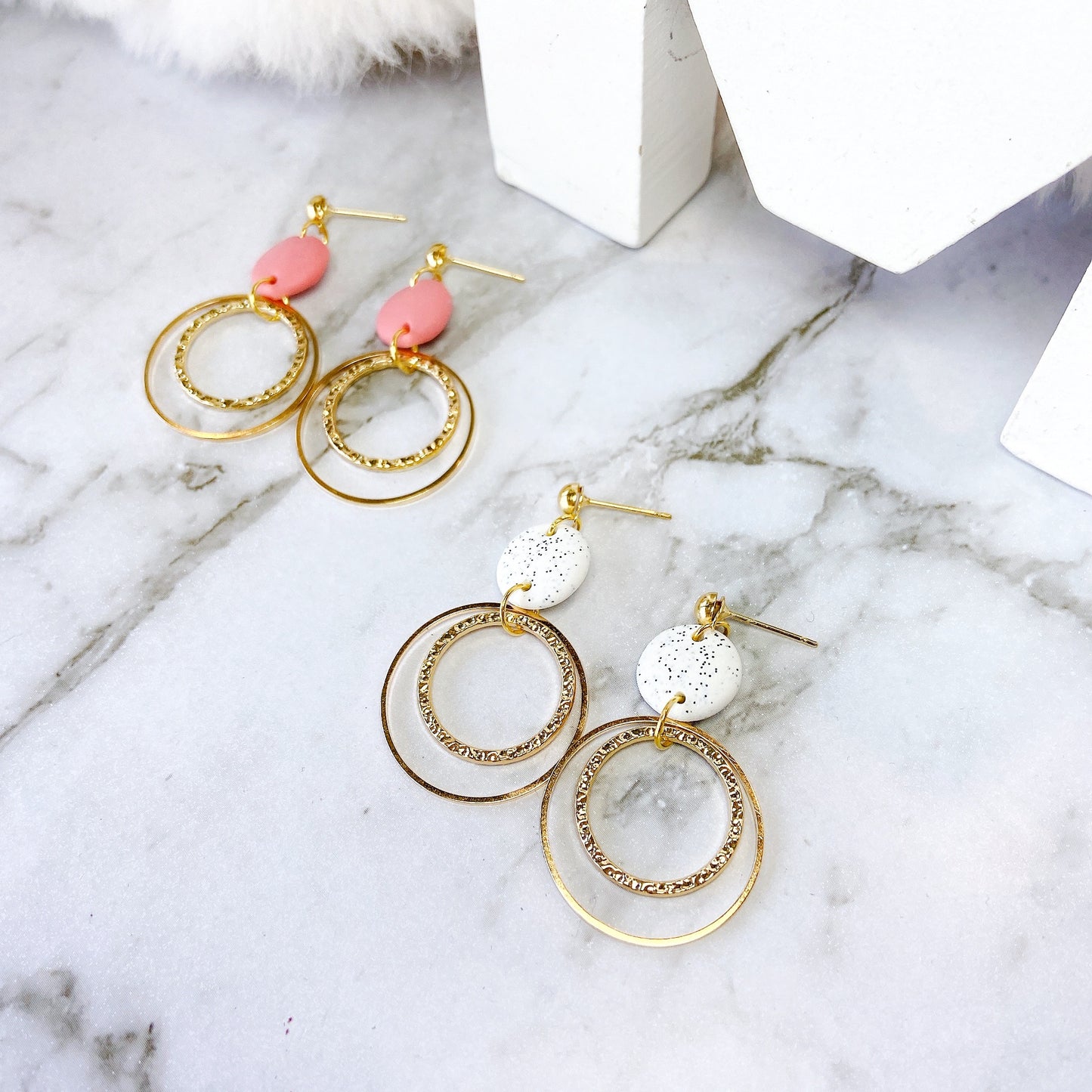 Speckled White Dual Ring Dangle Earrings – Minimal Luxe Collection