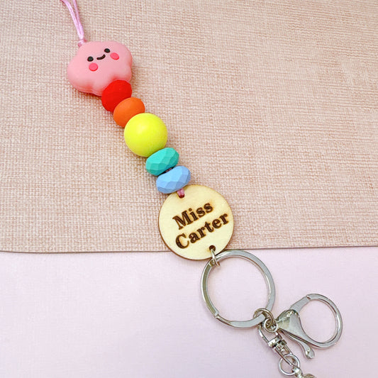 Rainbow Pink Cloud Personalized Name Teacher ID Key Lanyard