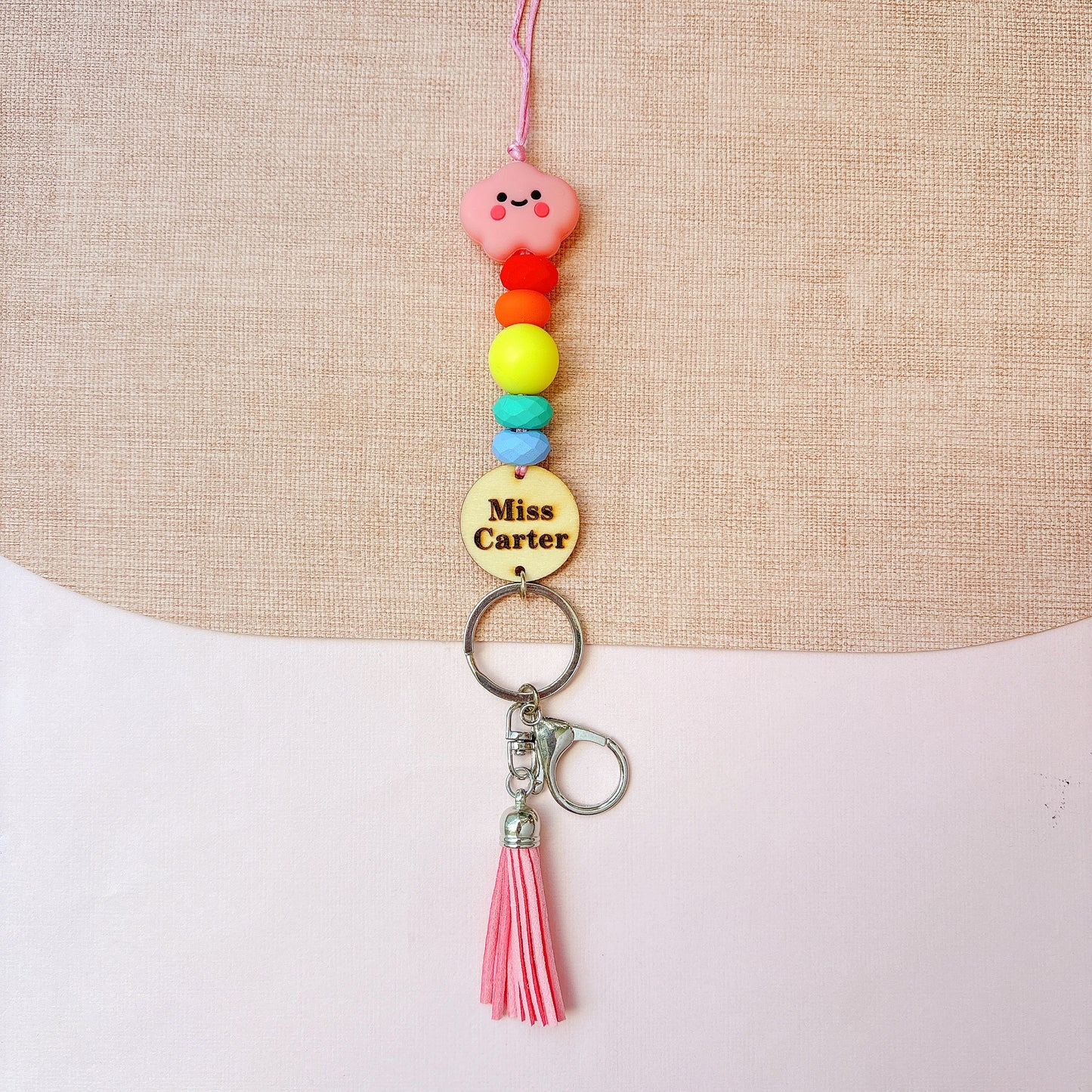 Rainbow Pink Cloud Personalized Name Teacher ID Key Lanyard