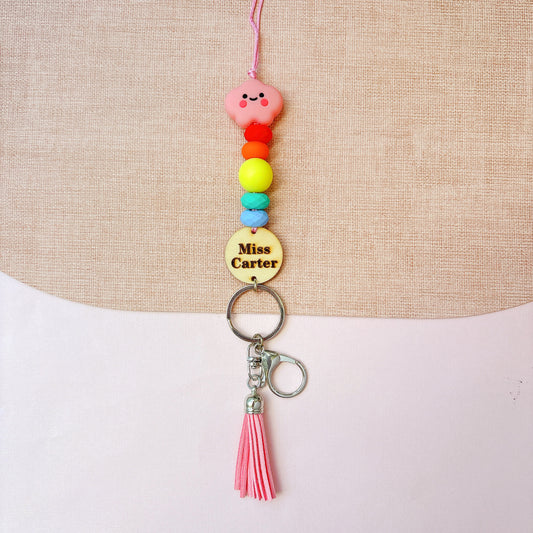 Rainbow Pink Cloud Personalized Name Teacher ID Key Lanyard
