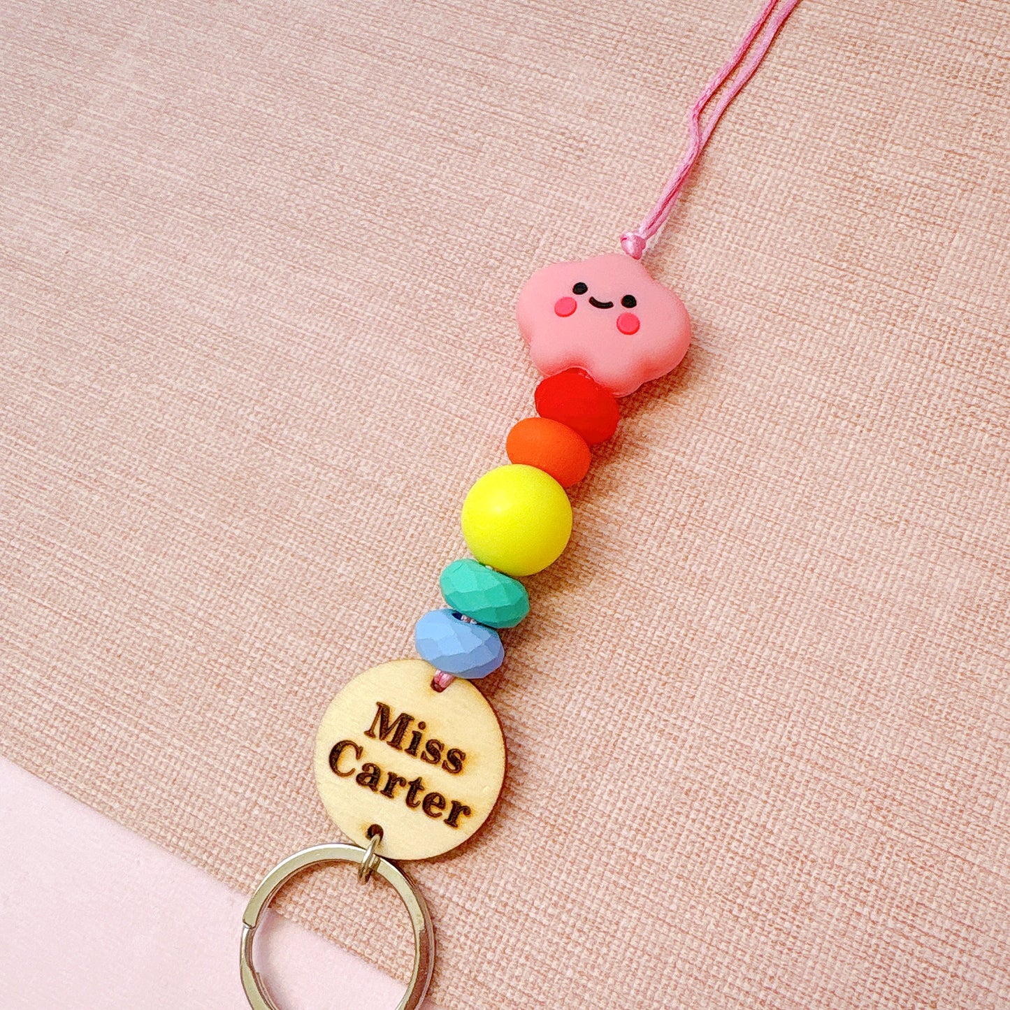 Rainbow Pink Cloud Personalized Name Teacher ID Key Lanyard
