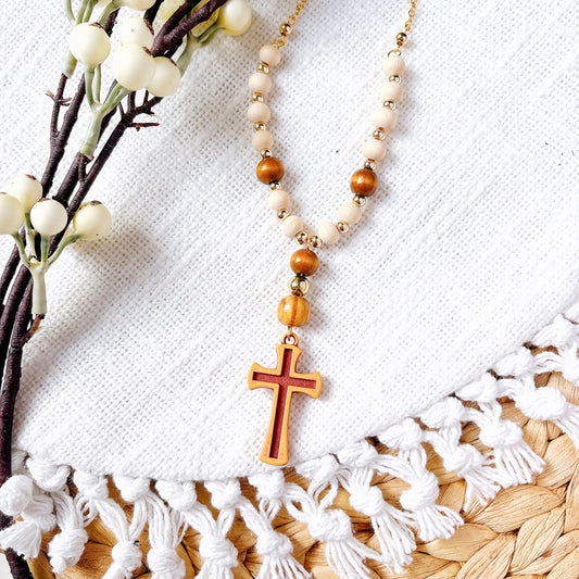 Beaded Wooden Cross Rearview Mirror Car Hanging Charm