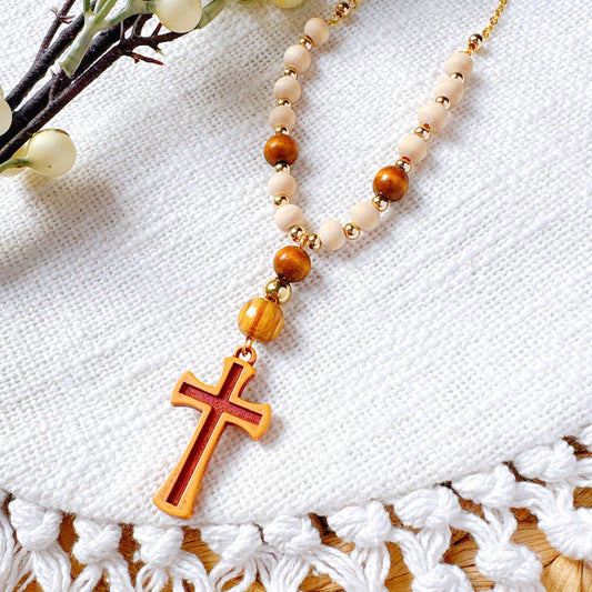 Beaded Wooden Cross Rearview Mirror Car Hanging Charm