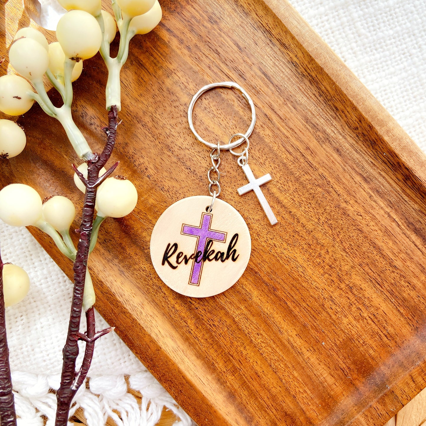 Personalized Wooden Cross Keychain with Name – Faith-Inspired Gift
