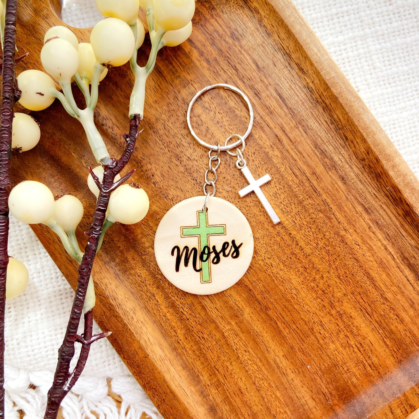 Personalized Wooden Cross Keychain with Name – Faith-Inspired Gift