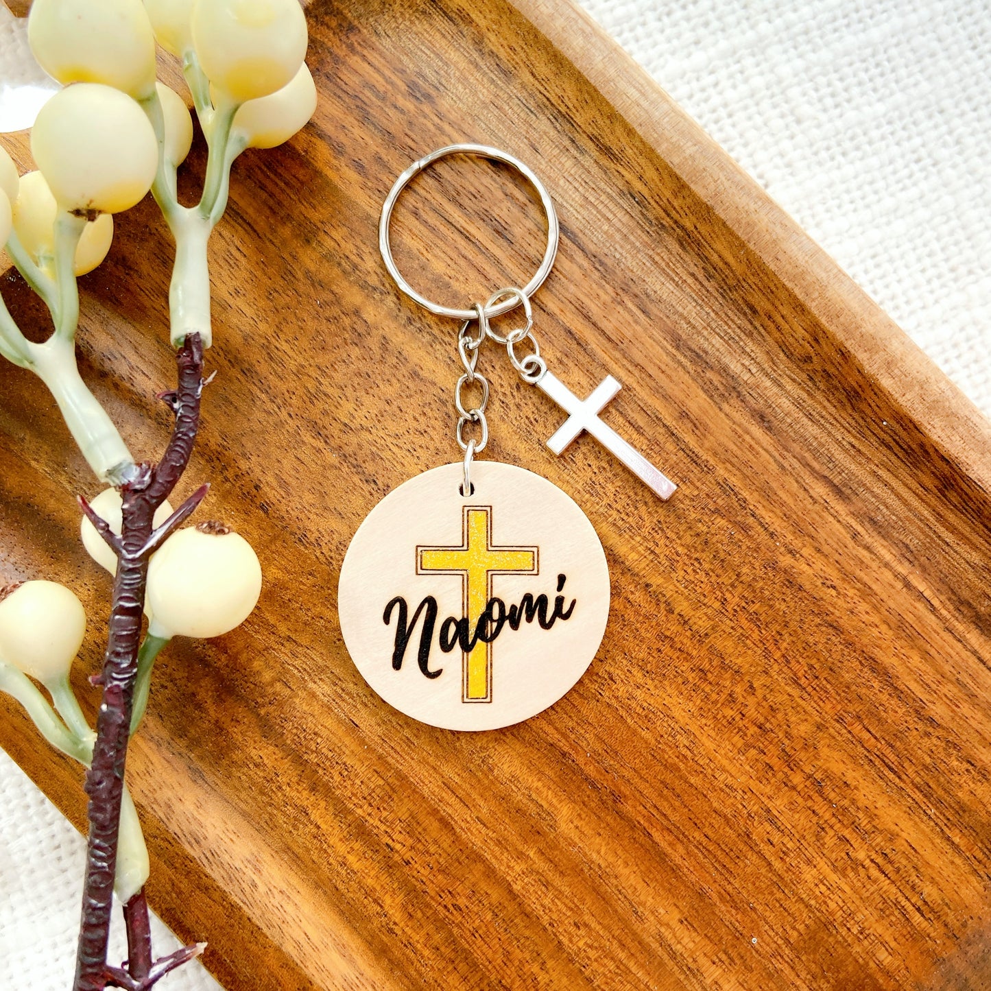 Personalized Wooden Cross Keychain with Name – Faith-Inspired Gift