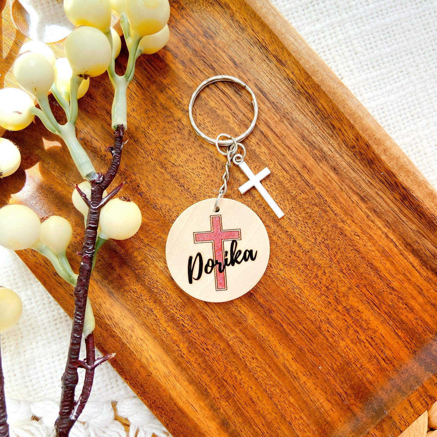 Personalized Wooden Cross Keychain with Name – Faith-Inspired Gift