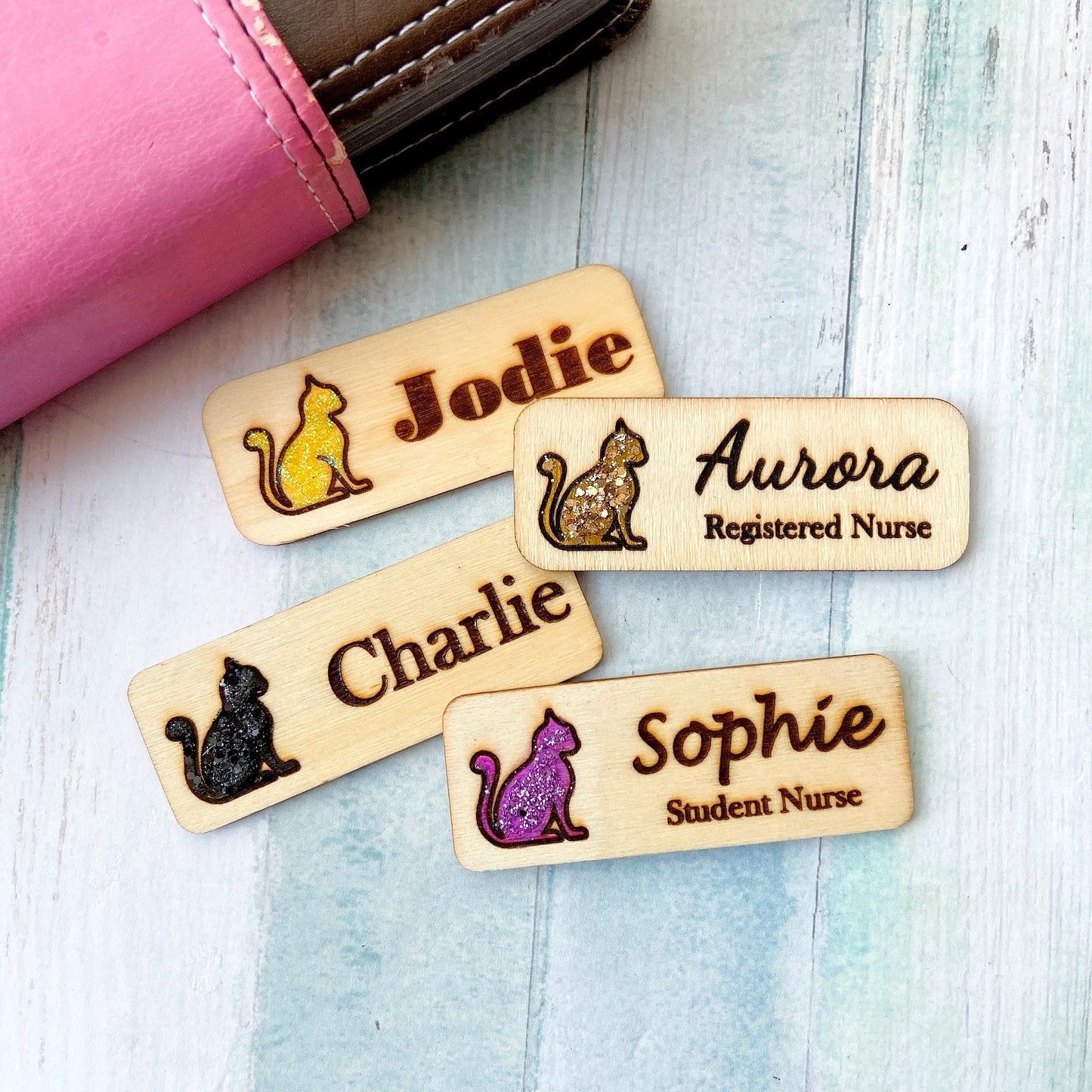 Glitter Cat Engraved Hand-Painted Personalised Name Tag