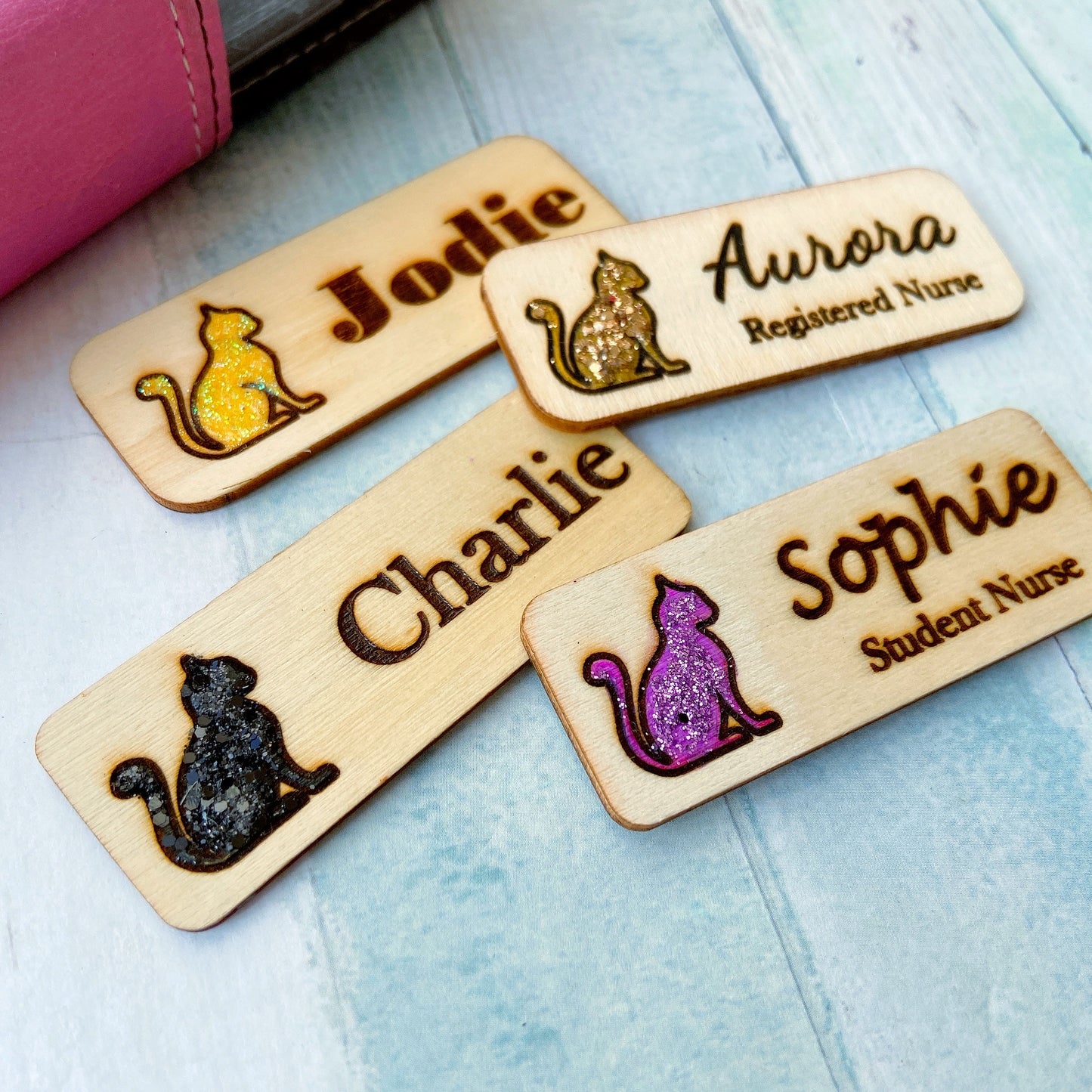 Glitter Cat Engraved Hand-Painted Personalised Name Tag