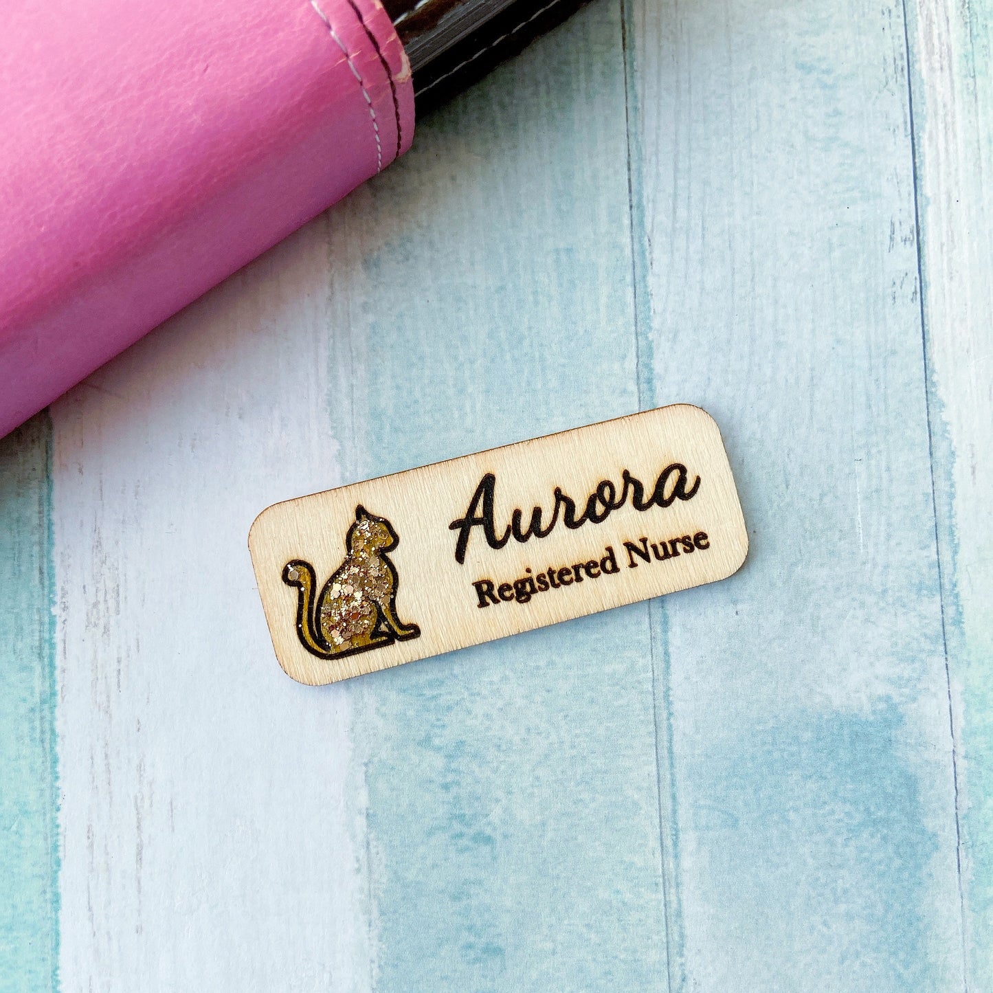 Glitter Cat Engraved Hand-Painted Personalised Name Tag