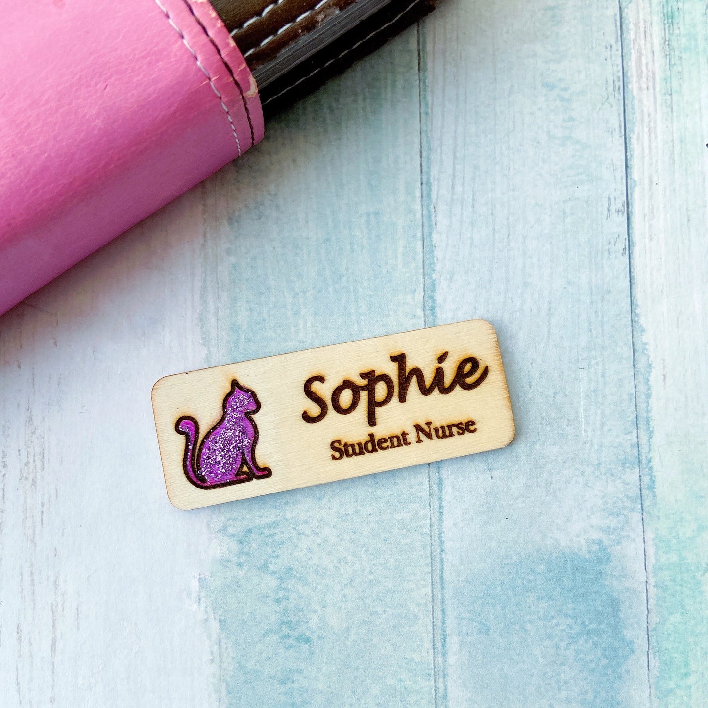Glitter Cat Engraved Hand-Painted Personalised Name Tag