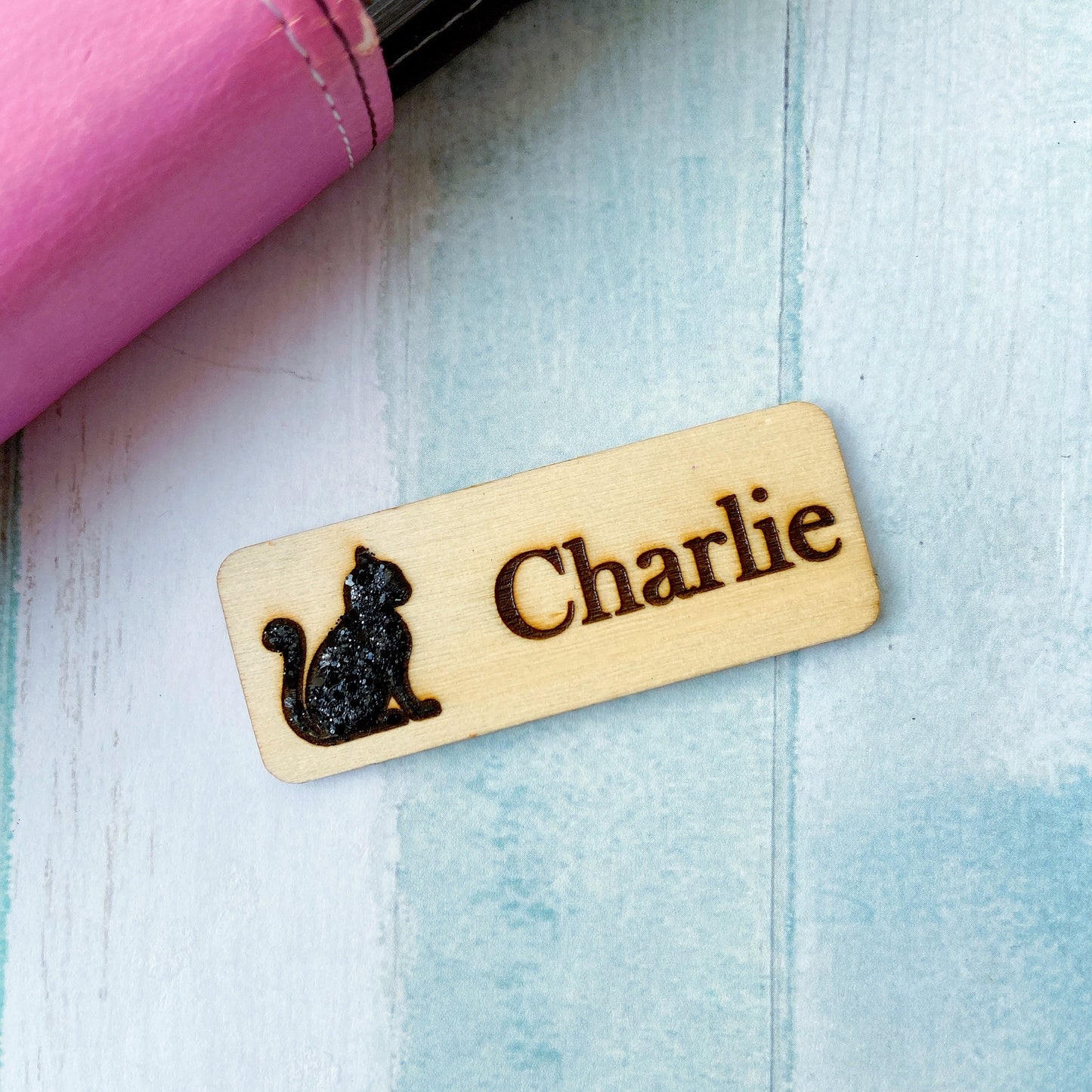 Glitter Cat Engraved Hand-Painted Personalised Name Tag