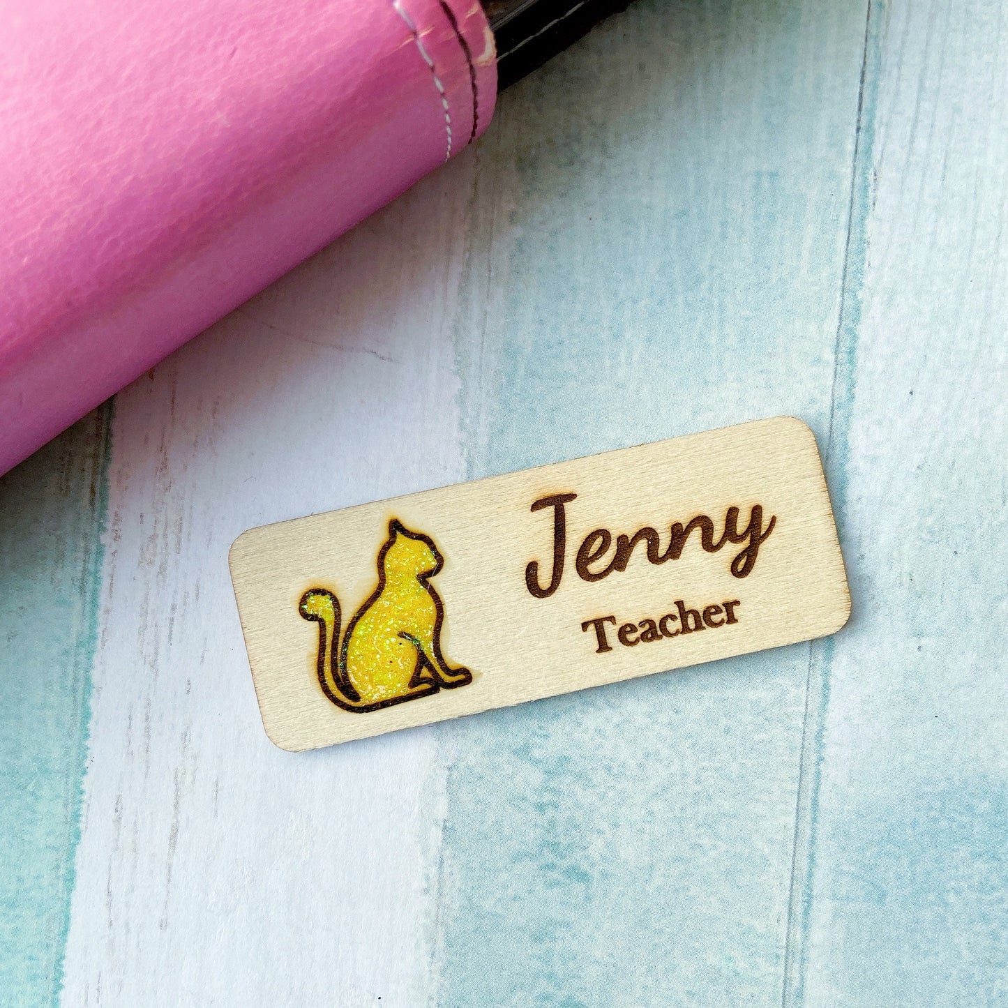 Glitter Cat Engraved Hand-Painted Personalised Name Tag