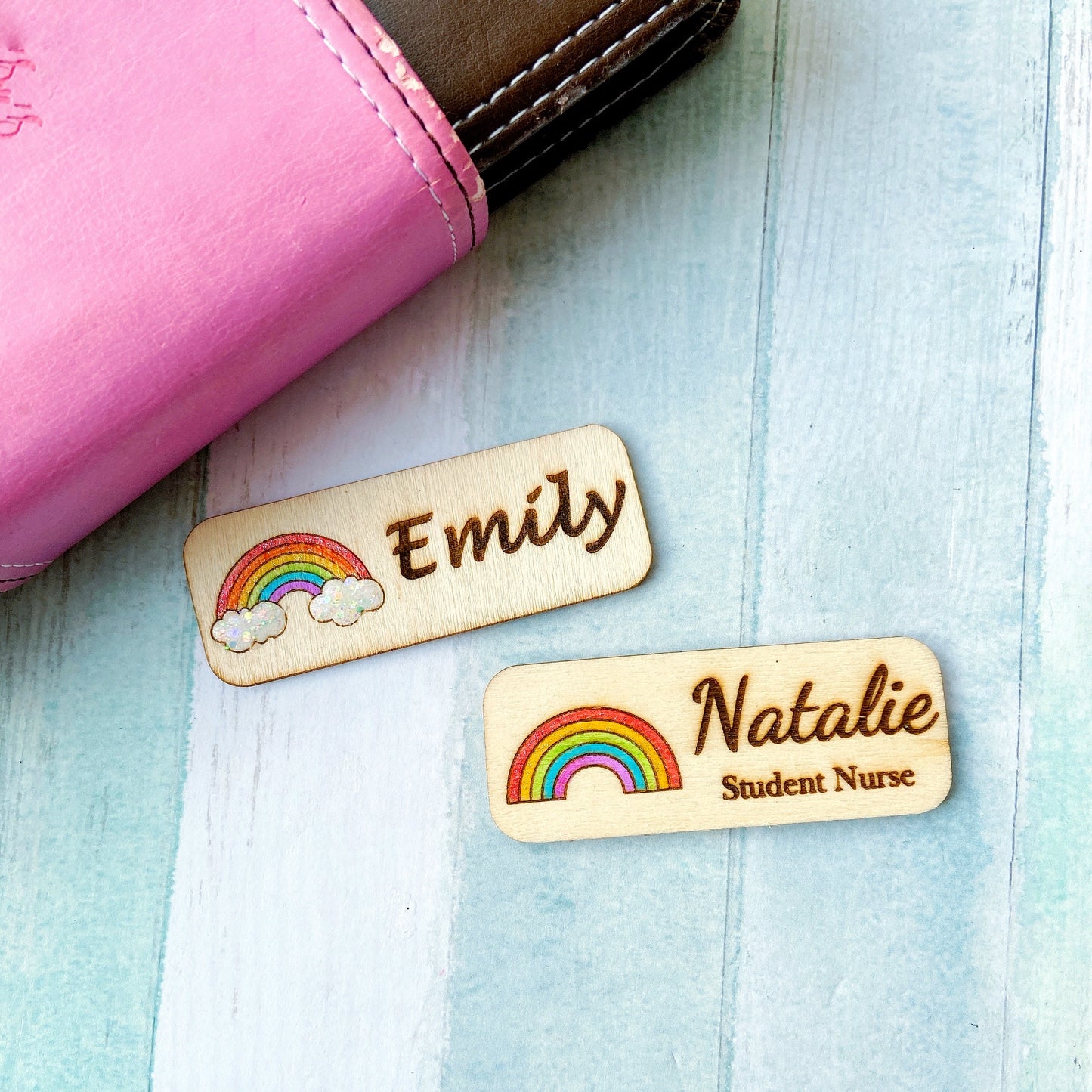 Glitter Rainbow Cloud Engraved Hand-Painted Personalised Name Tag