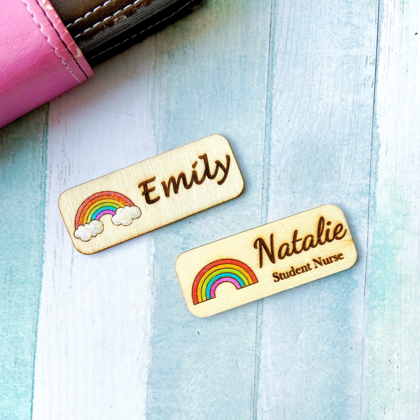 Glitter Rainbow Cloud Engraved Hand-Painted Personalised Name Tag