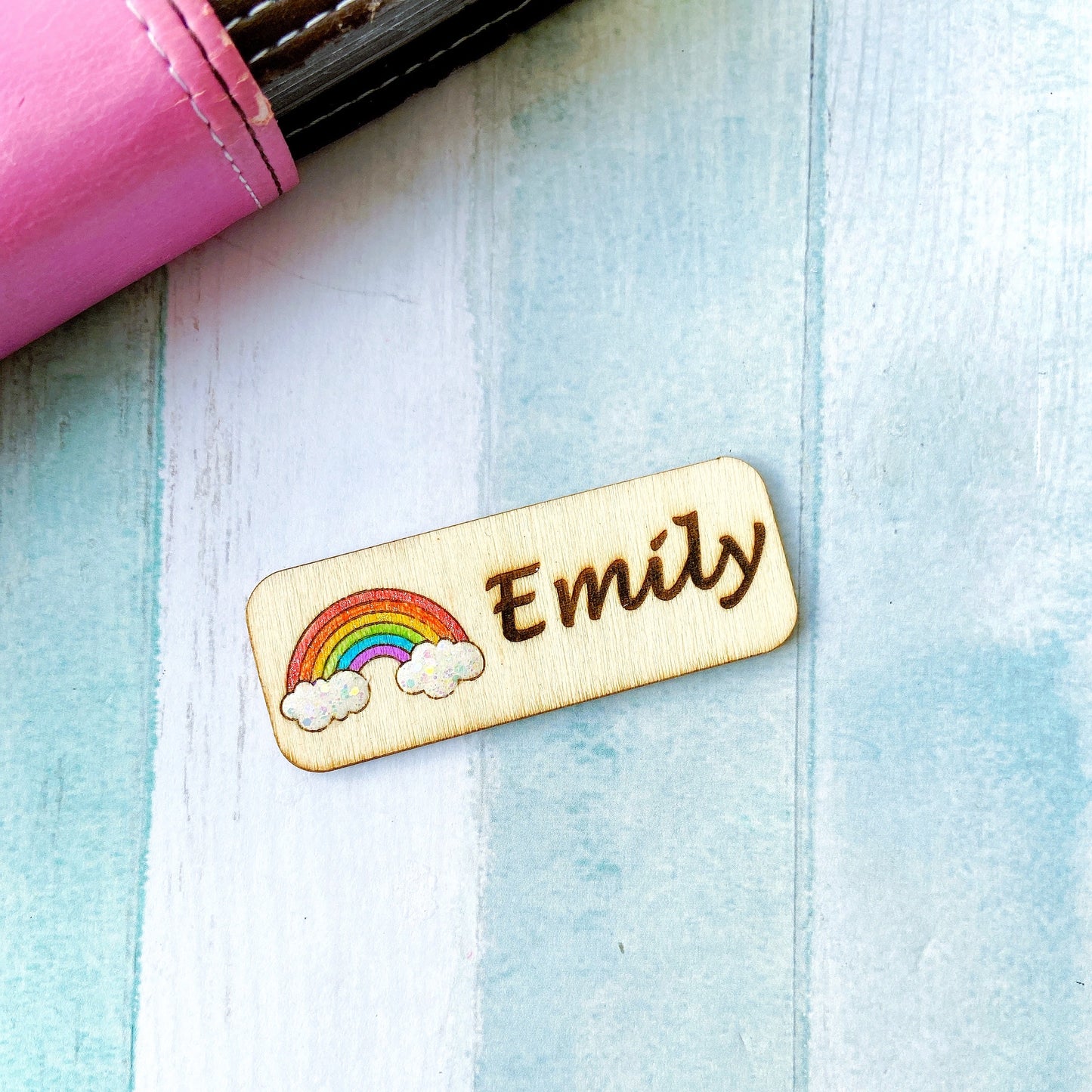 Glitter Rainbow Cloud Engraved Hand-Painted Personalised Name Tag