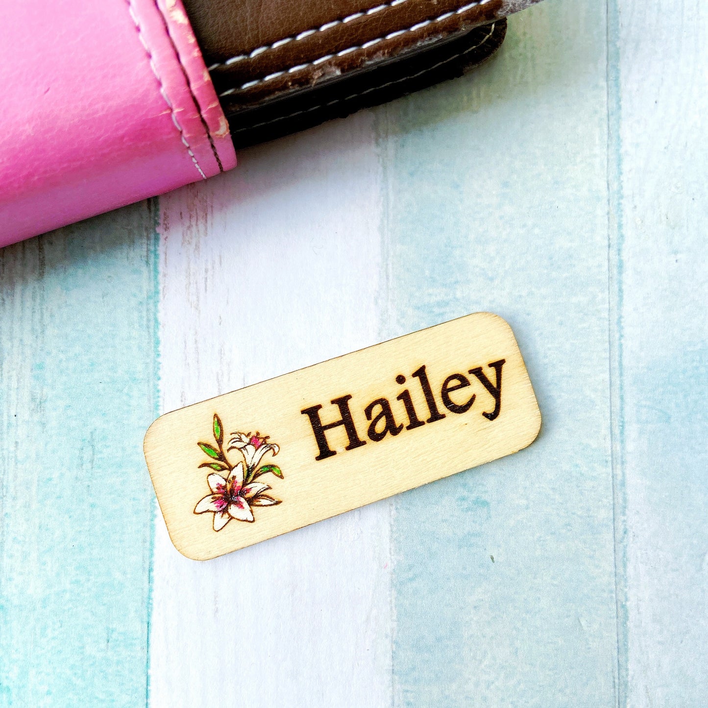 Glitter Lily Flower Engraved Hand-Painted Personalised Name Tag
