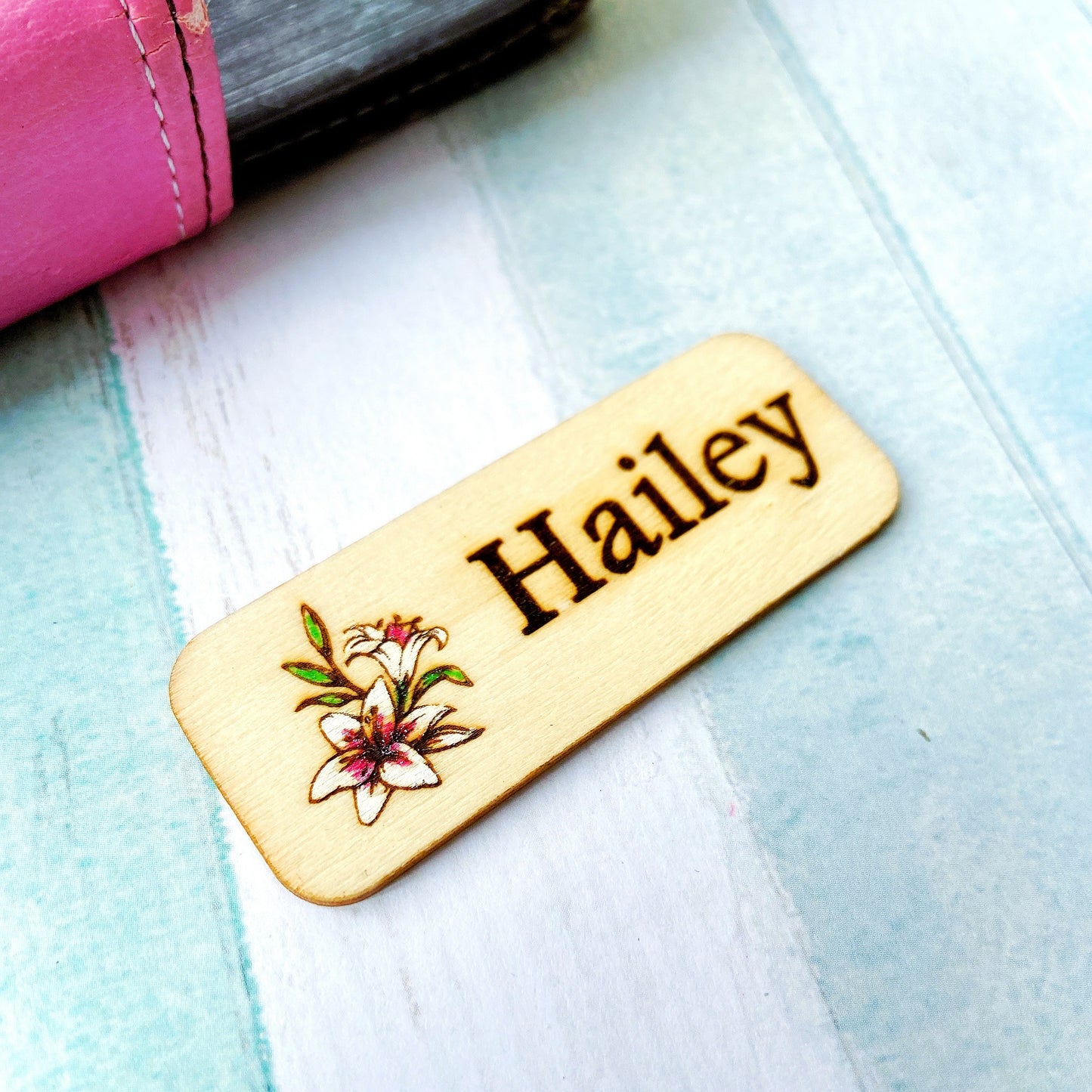 Glitter Lily Flower Engraved Hand-Painted Personalised Name Tag