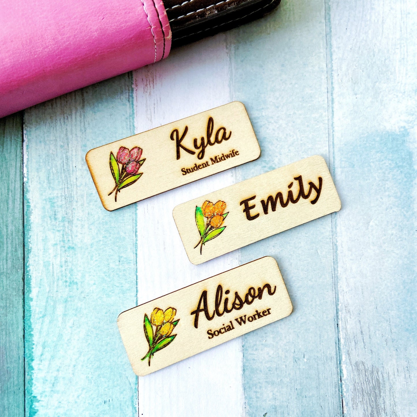Glitter Tulip Engraved Hand-Painted  Personalised Name Tag