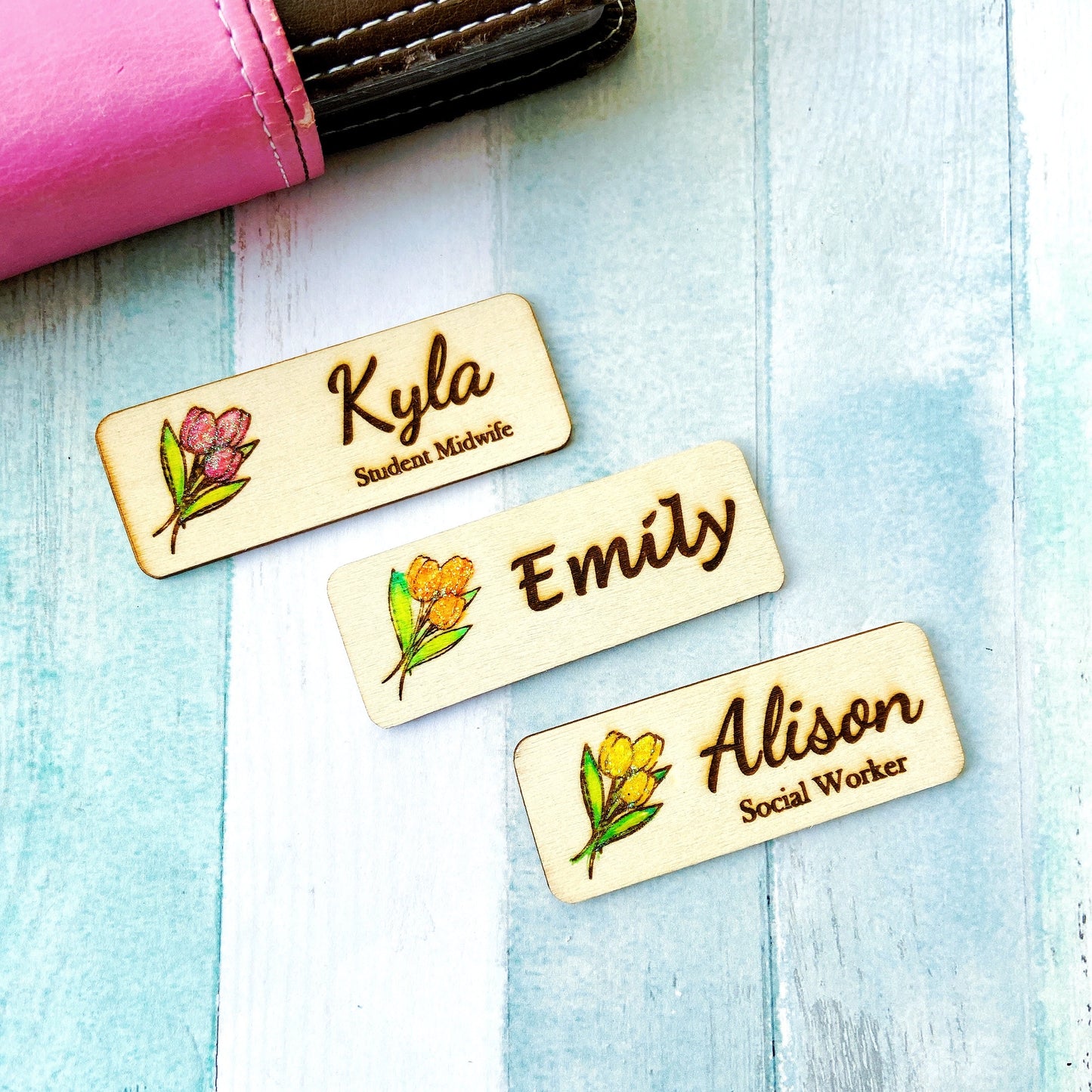 Glitter Tulip Engraved Hand-Painted  Personalised Name Tag