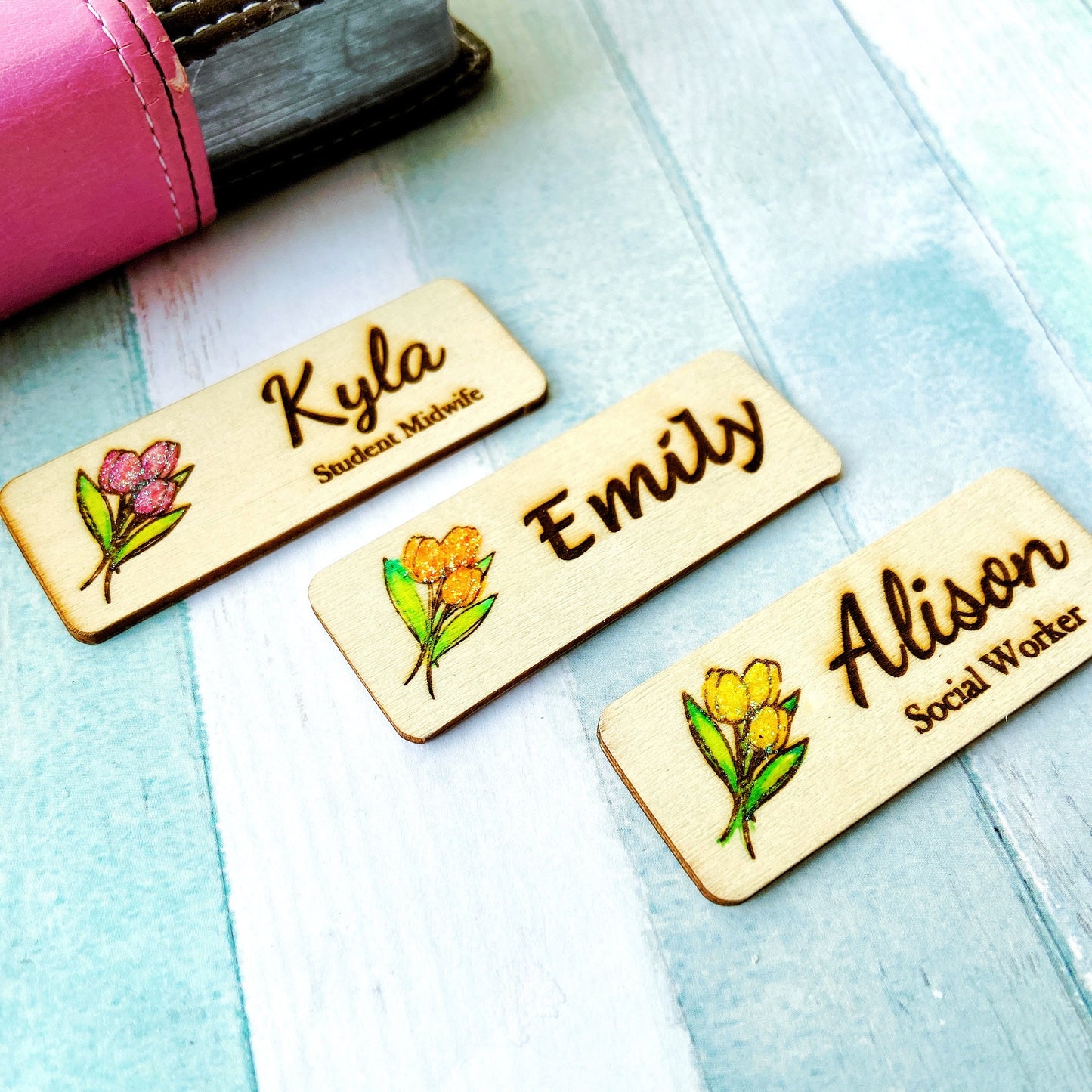 Glitter Tulip Engraved Hand-Painted  Personalised Name Tag
