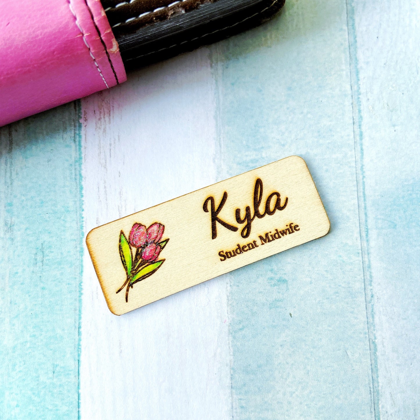 Glitter Tulip Engraved Hand-Painted  Personalised Name Tag