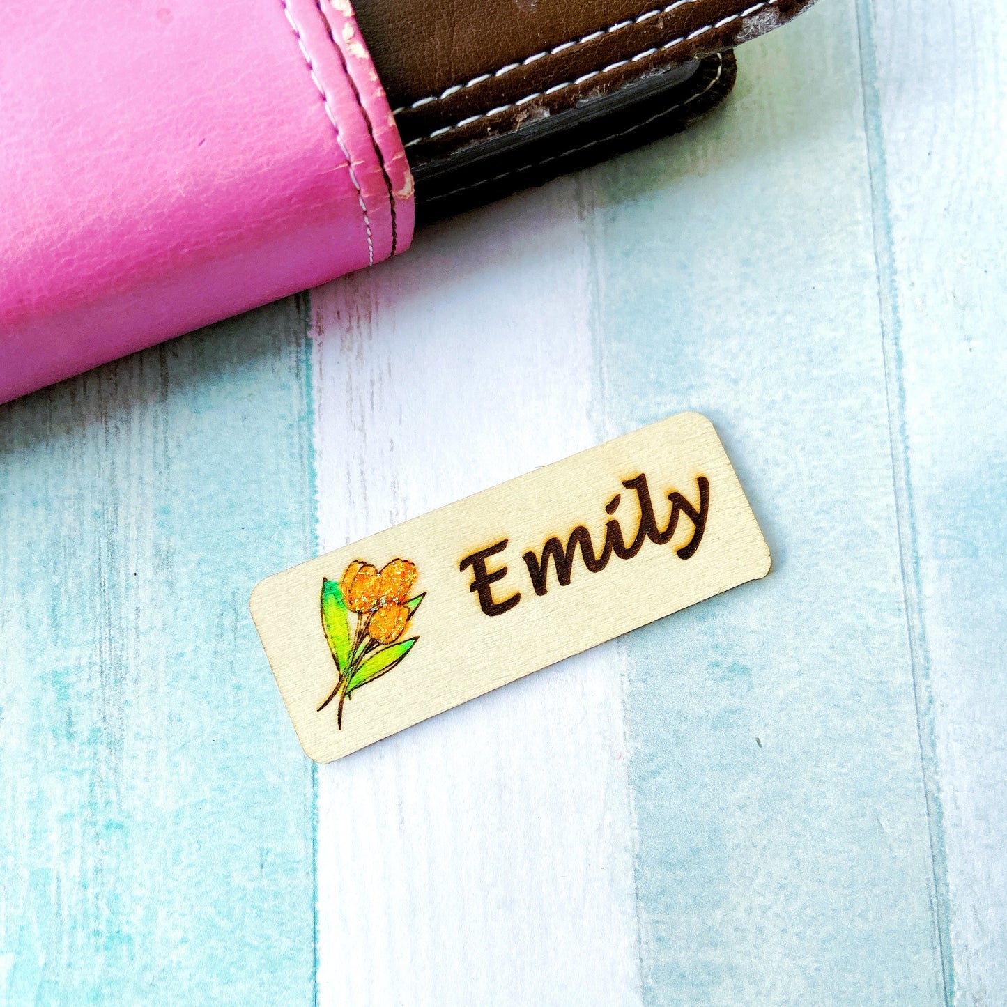Glitter Tulip Engraved Hand-Painted  Personalised Name Tag