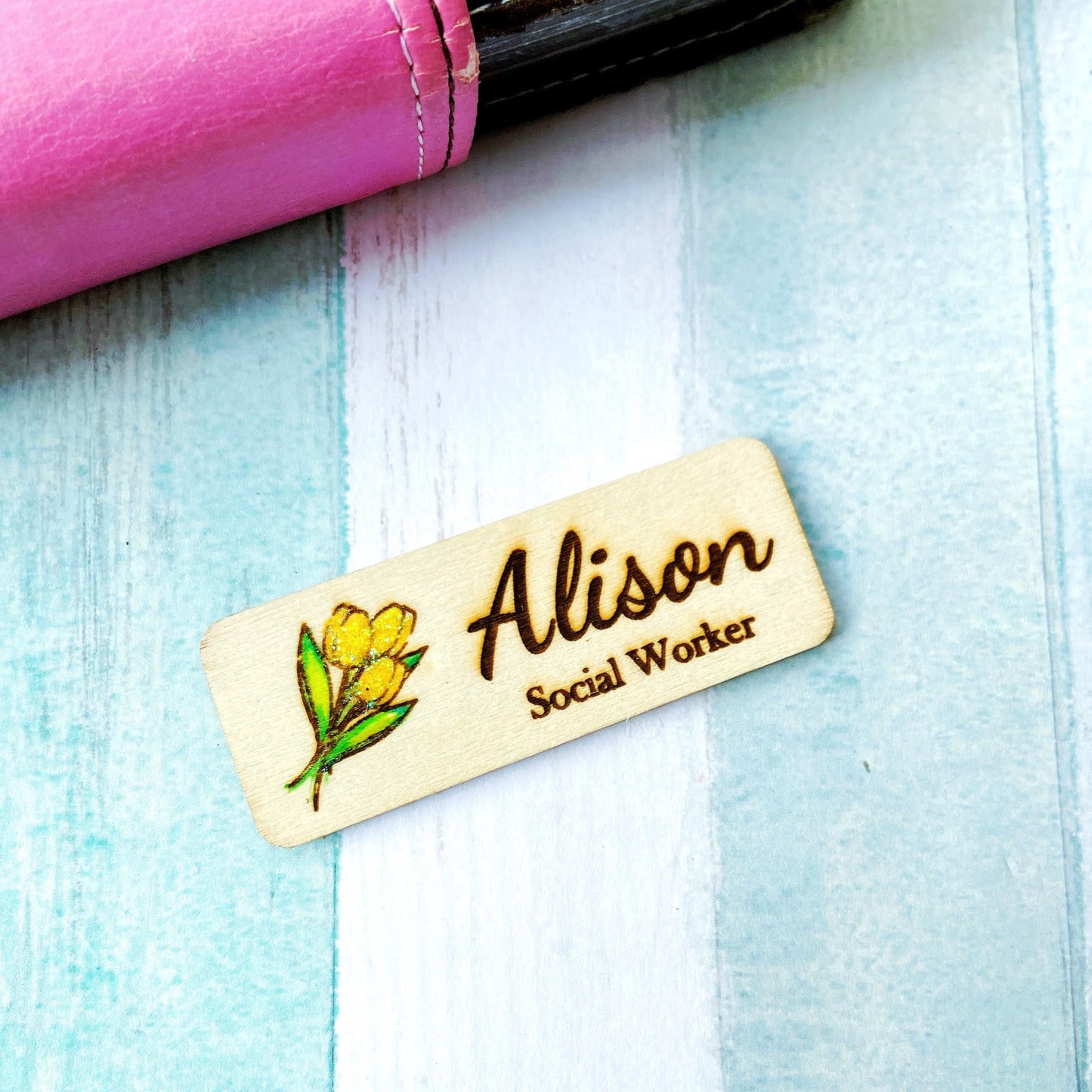 Glitter Tulip Engraved Hand-Painted  Personalised Name Tag