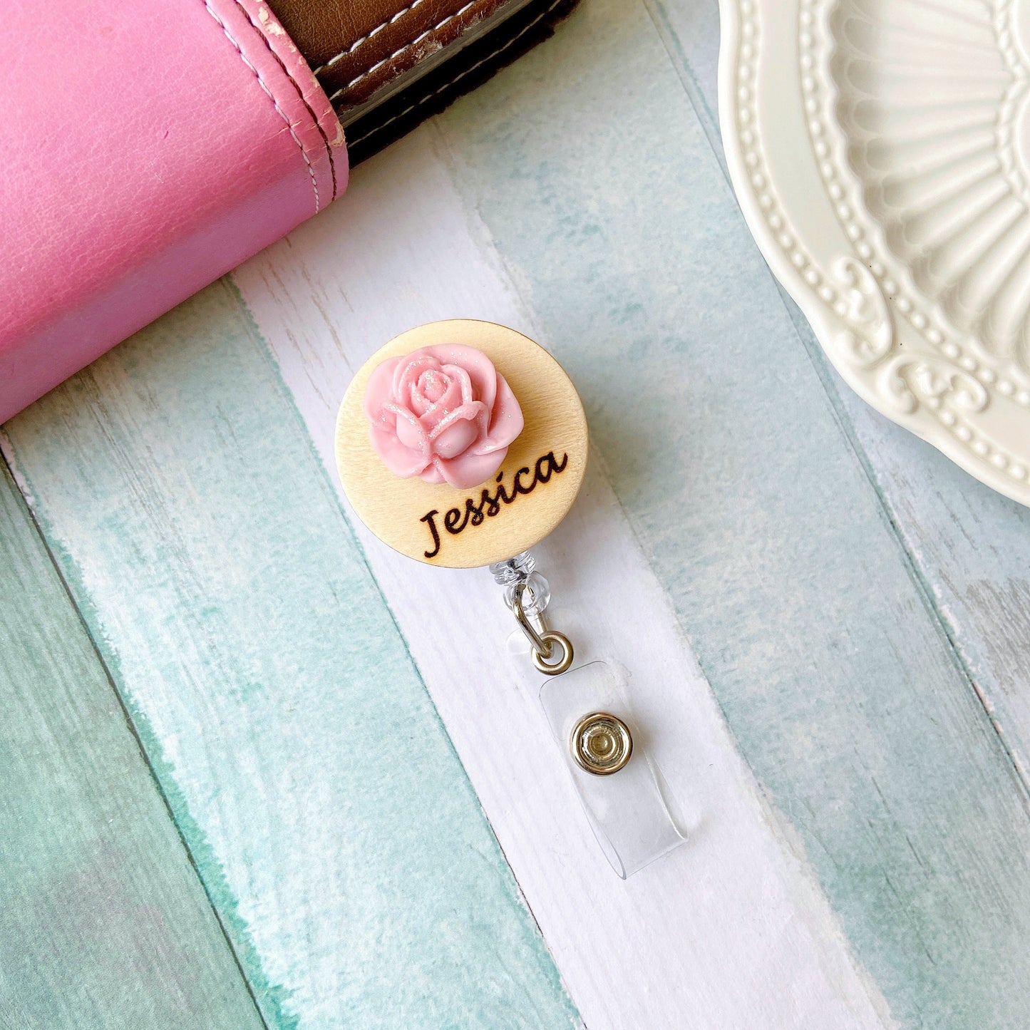 3D Glitted Pink Rose Personalized Name Badge Reel