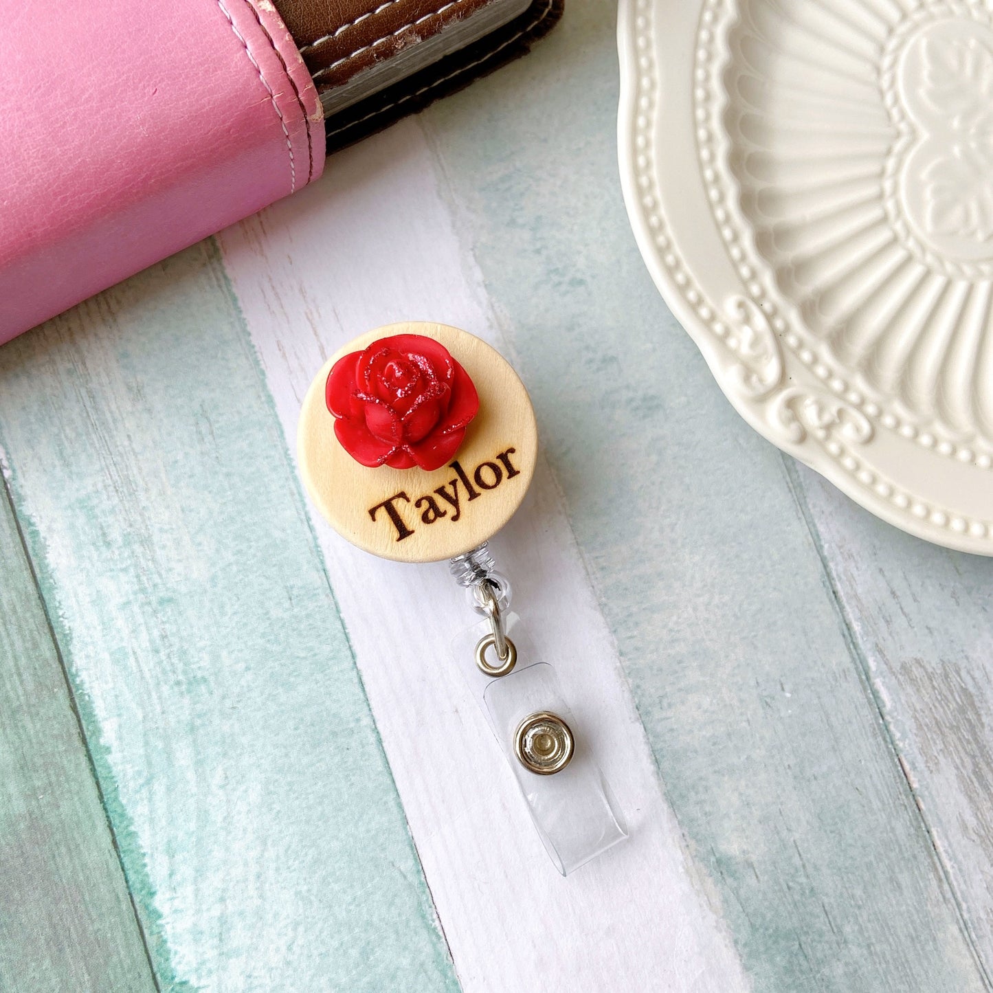 3D Glitted Pink Rose Personalized Name Badge Reel