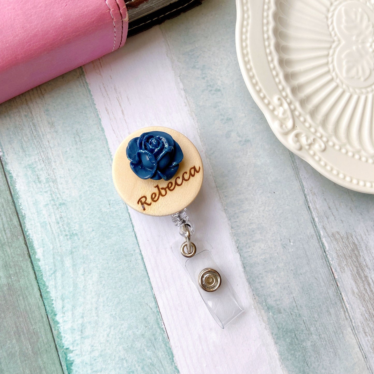 3D Glitted Pink Rose Personalized Name Badge Reel