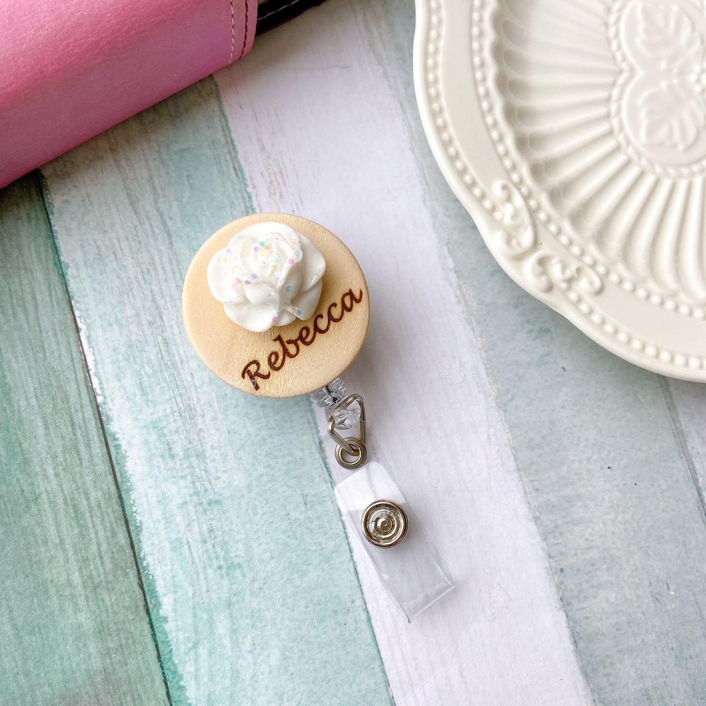 3D Glitted Pink Rose Personalized Name Badge Reel