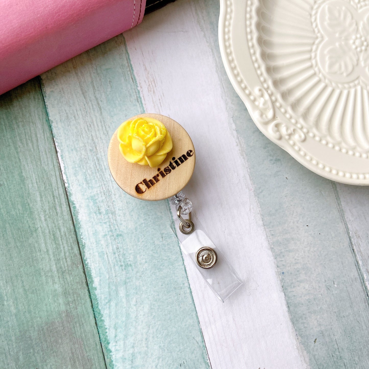 3D Glitted Pink Rose Personalized Name Badge Reel