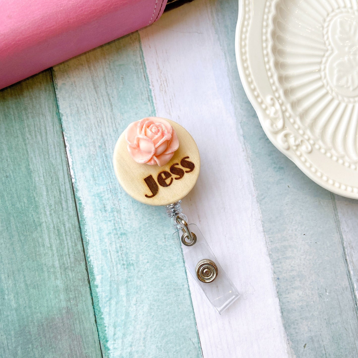 3D Glitted Pink Rose Personalized Name Badge Reel