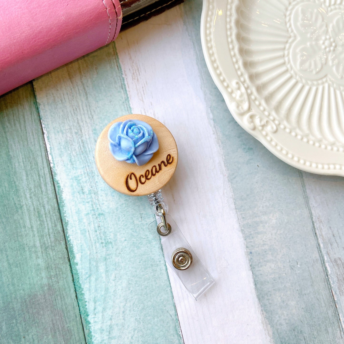 3D Glitted Pink Rose Personalized Name Badge Reel