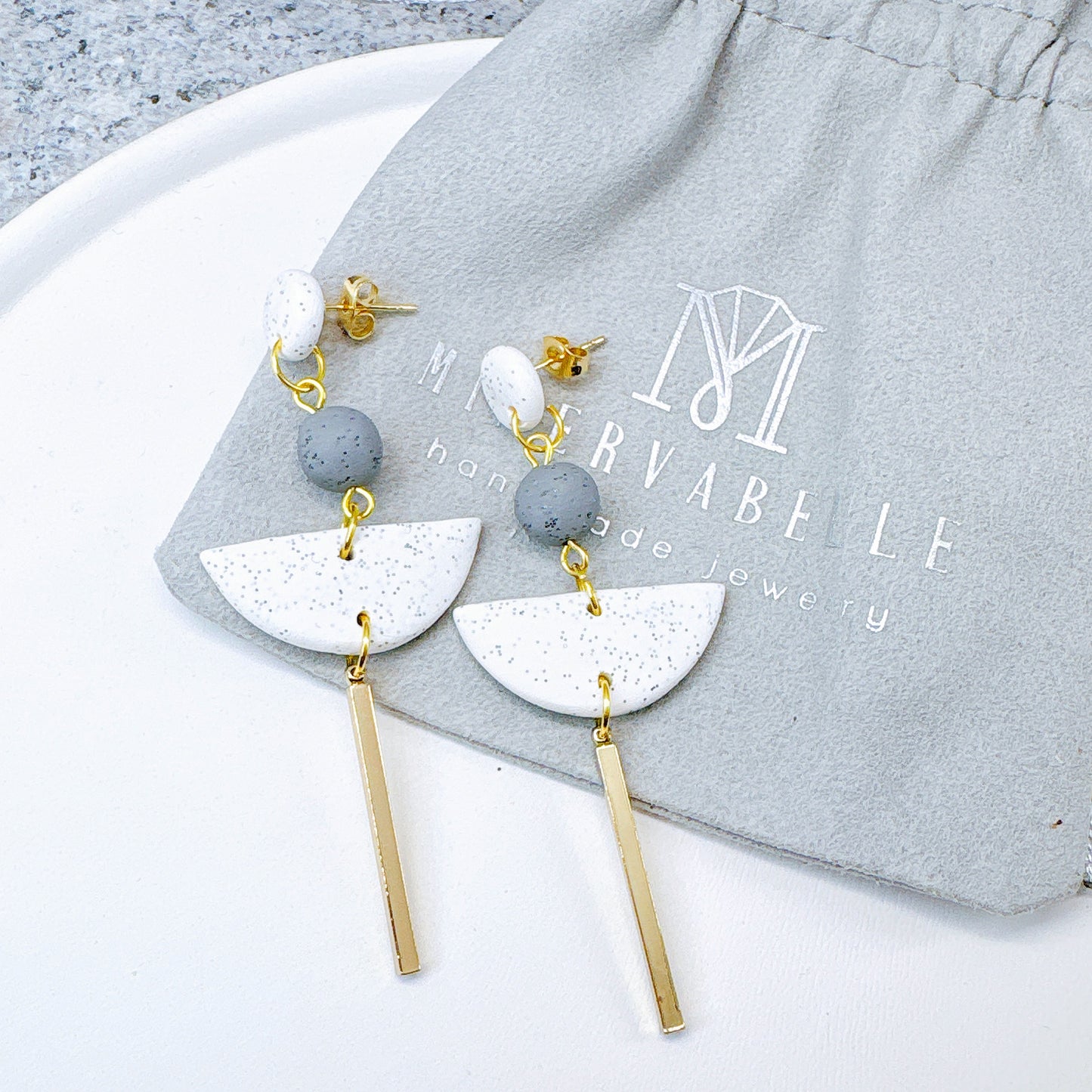 Polymer Clay Geometric Stone Silver bar Earrings