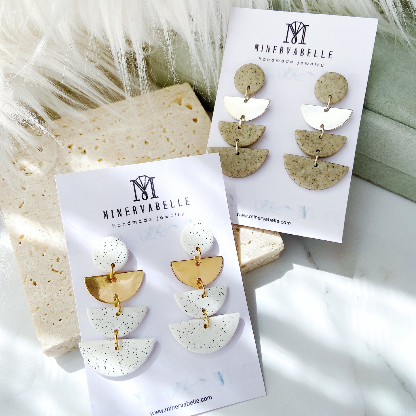 Grey Stone Triple Arc Layered Polymer Clay Earrings – Minimalist Geometric Statement