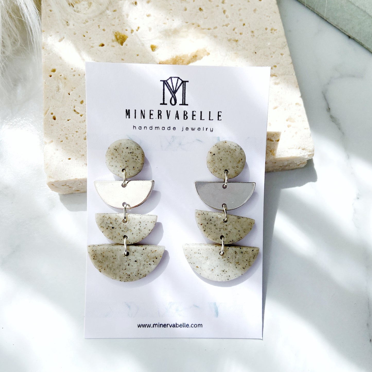 Grey Stone Triple Arc Layered Polymer Clay Earrings – Minimalist Geometric Statement