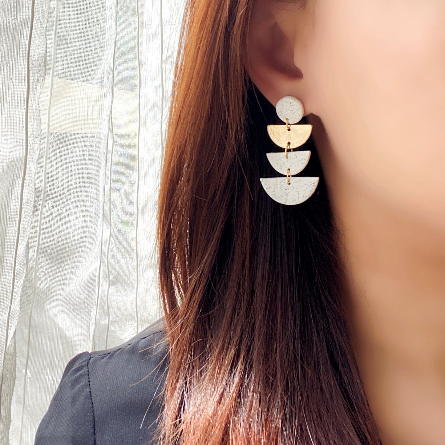 Ivory speckled white Triple Arc Layered Polymer Clay Earrings – Minimalist Geometric Statement