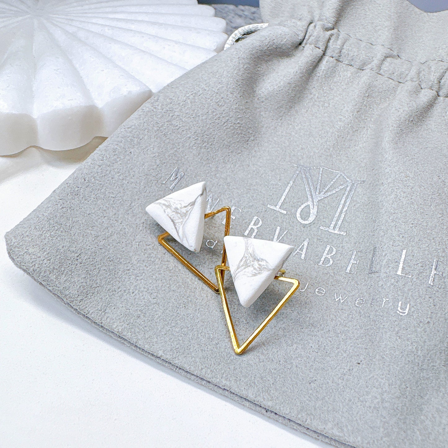White Marble & Gold Frame Triangle Minimalist Earrings