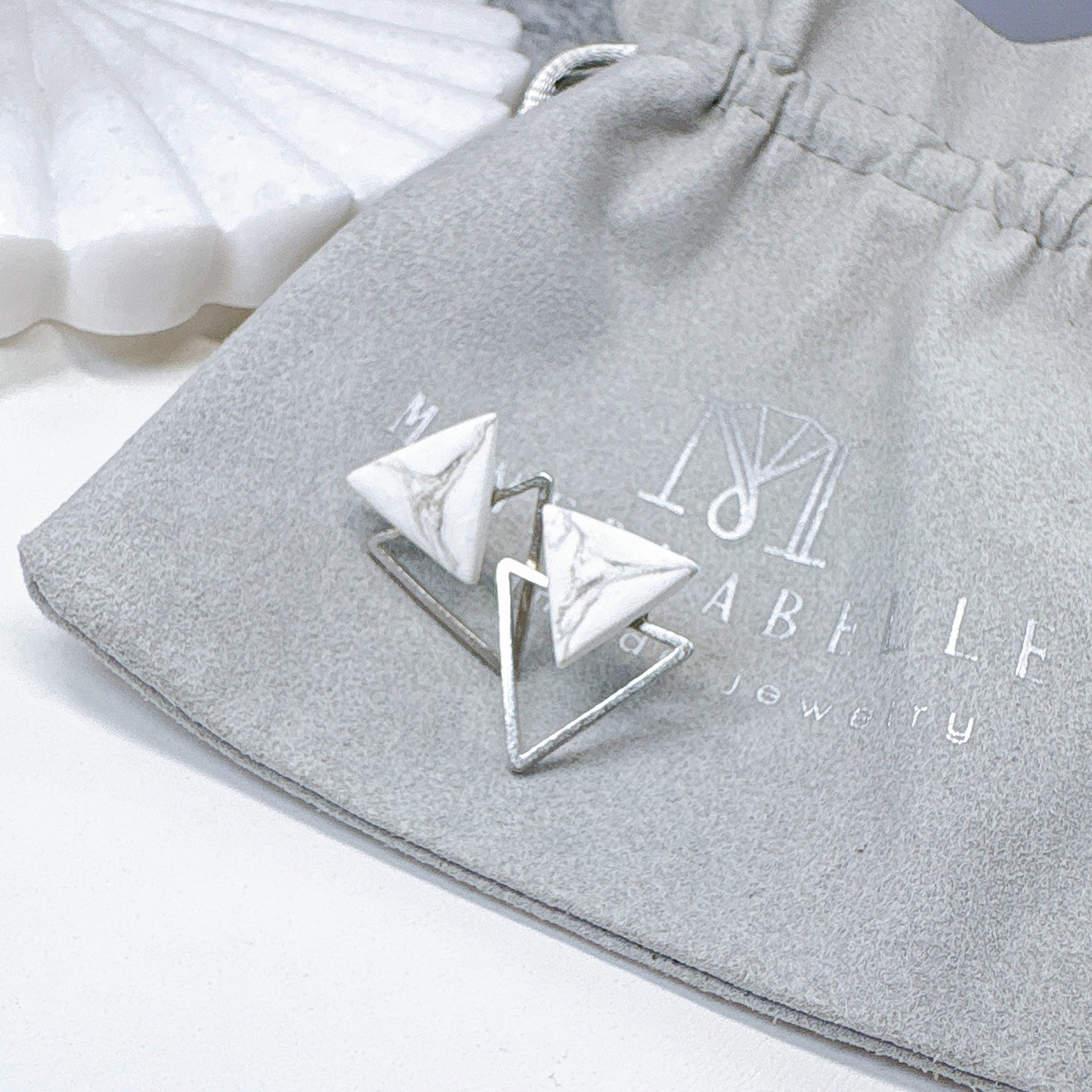 White Marble & Gold Frame Triangle Minimalist Earrings