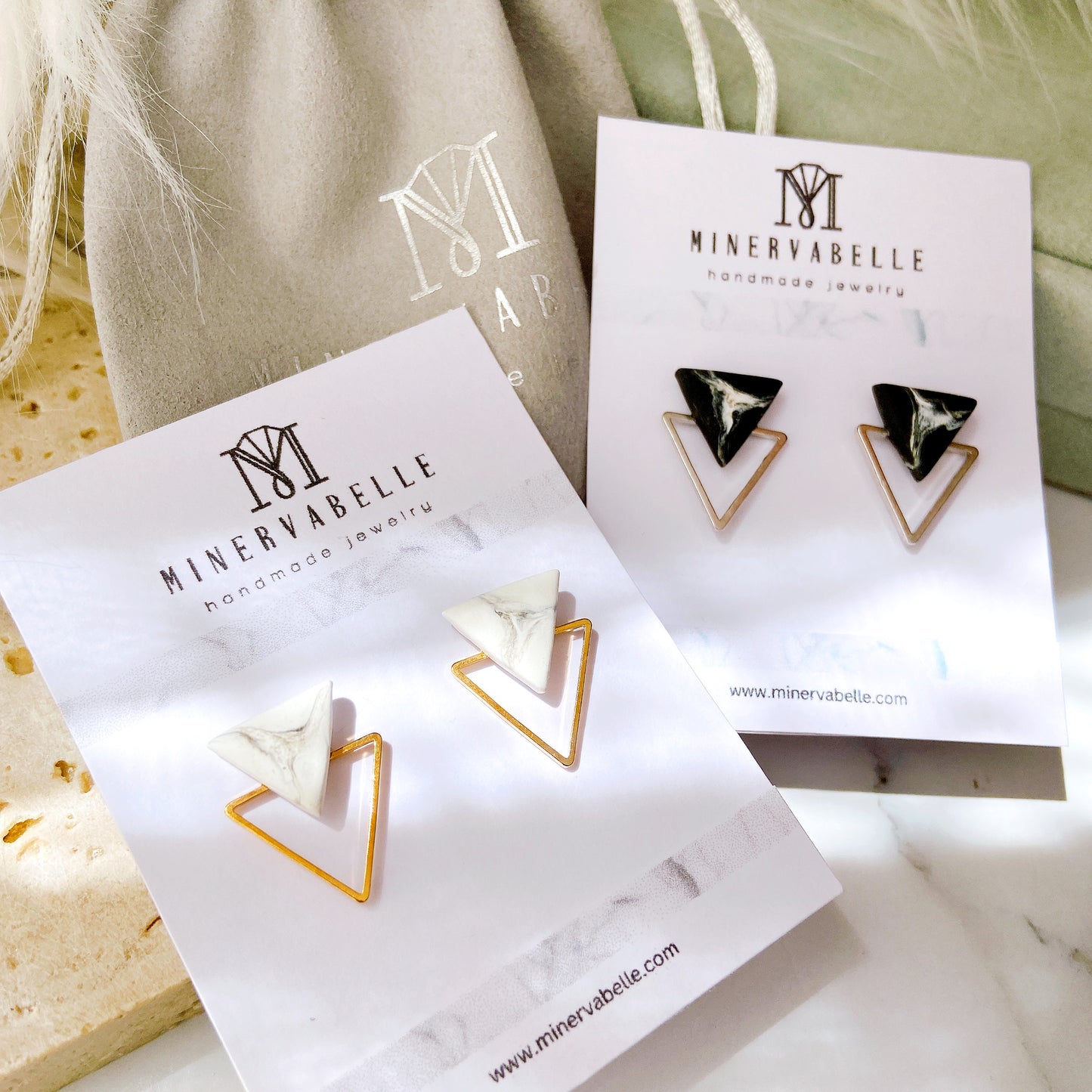 White Marble & Silve Fame Triangle Minimalist Earrings