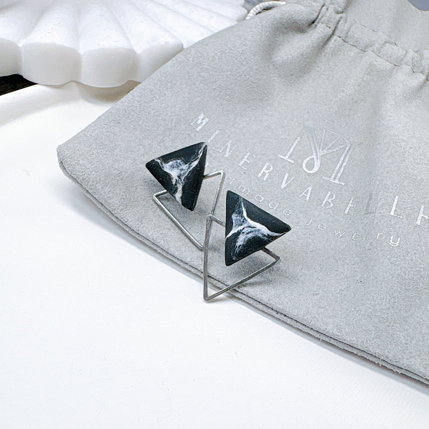 White Marble & Silve Fame Triangle Minimalist Earrings