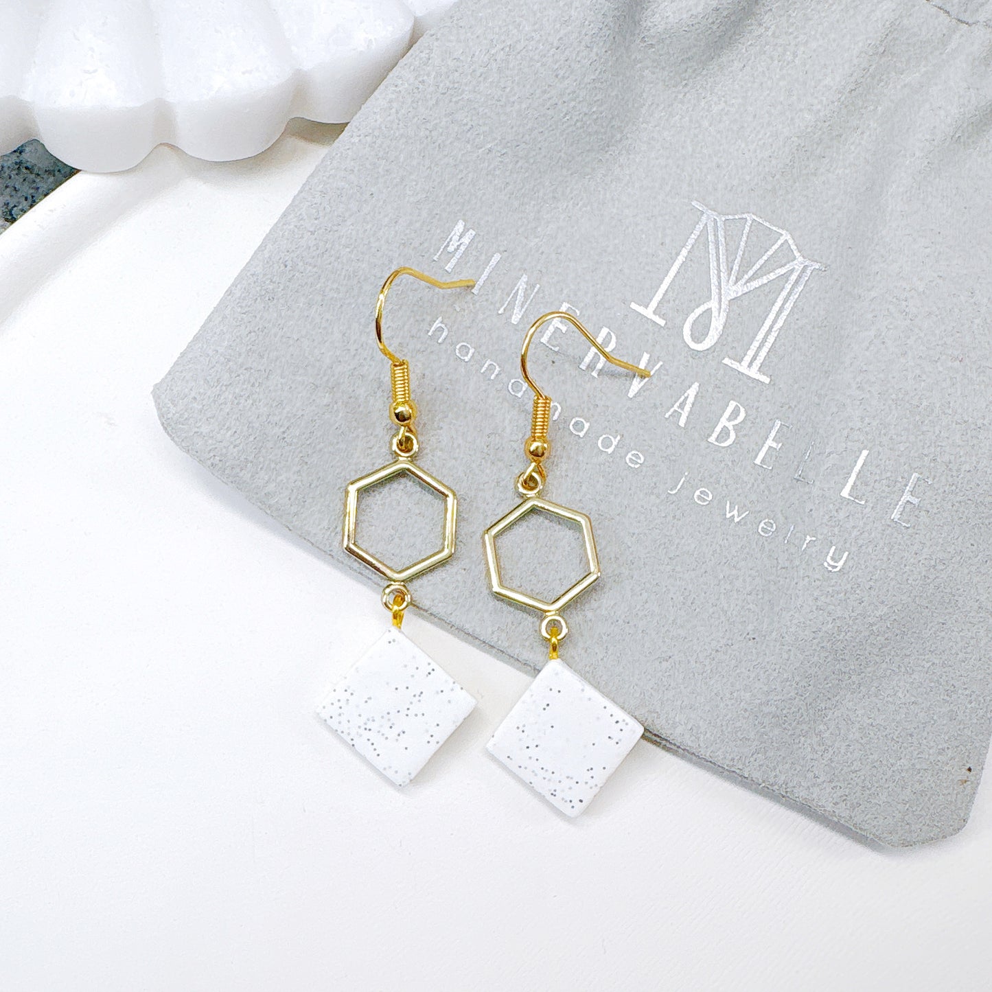 Golden Hexagon Polymer Clay Dangle Surgical Steel Earrings