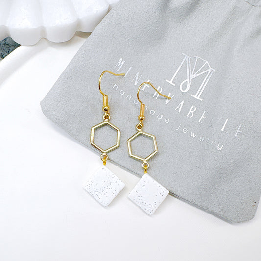 Golden Hexagon Polymer Clay Dangle Surgical Steel Earrings