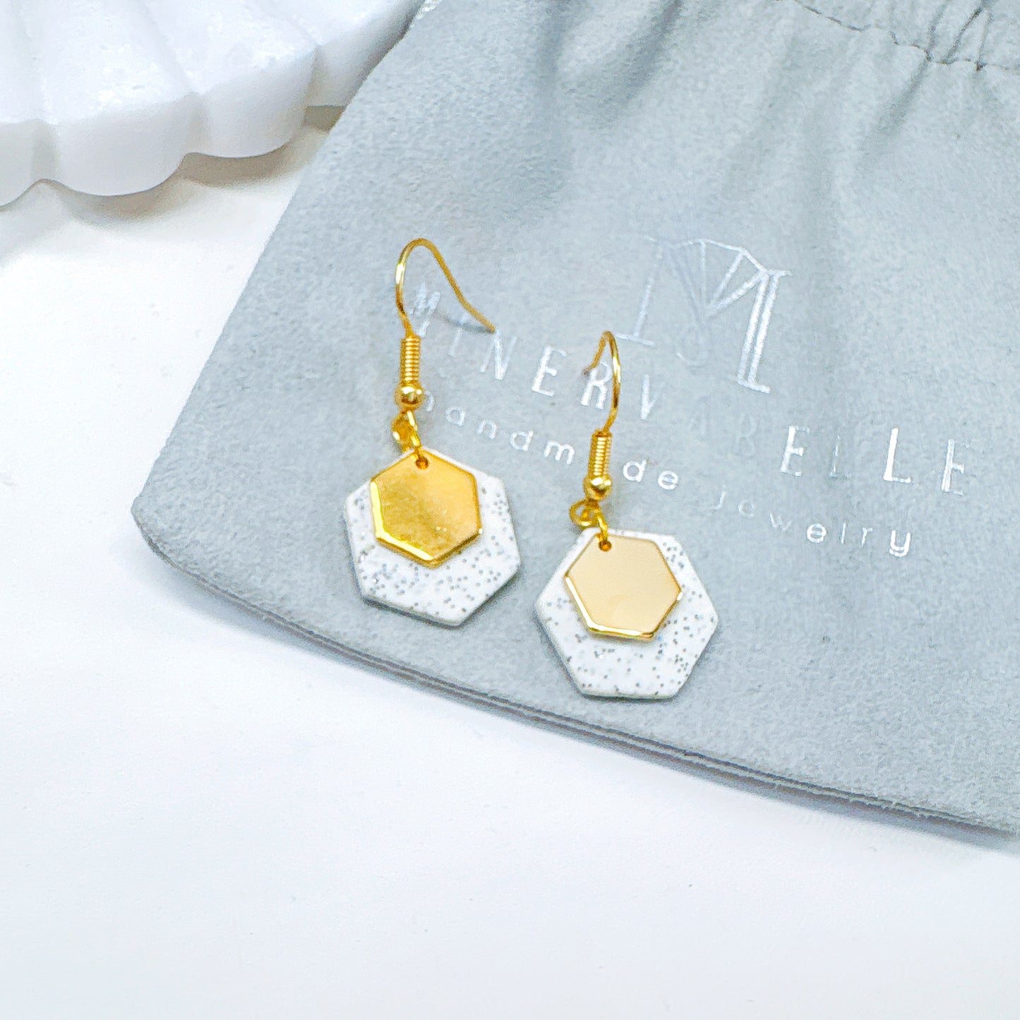 Gold Minimalist Hexagon Polymer Clay Dangle Earrings