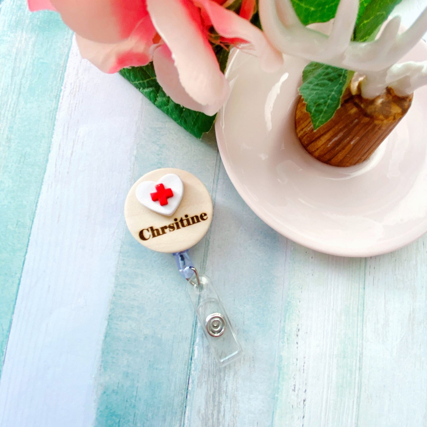Medical Red Cross Heart Nurse Personalized Name Badge Reel