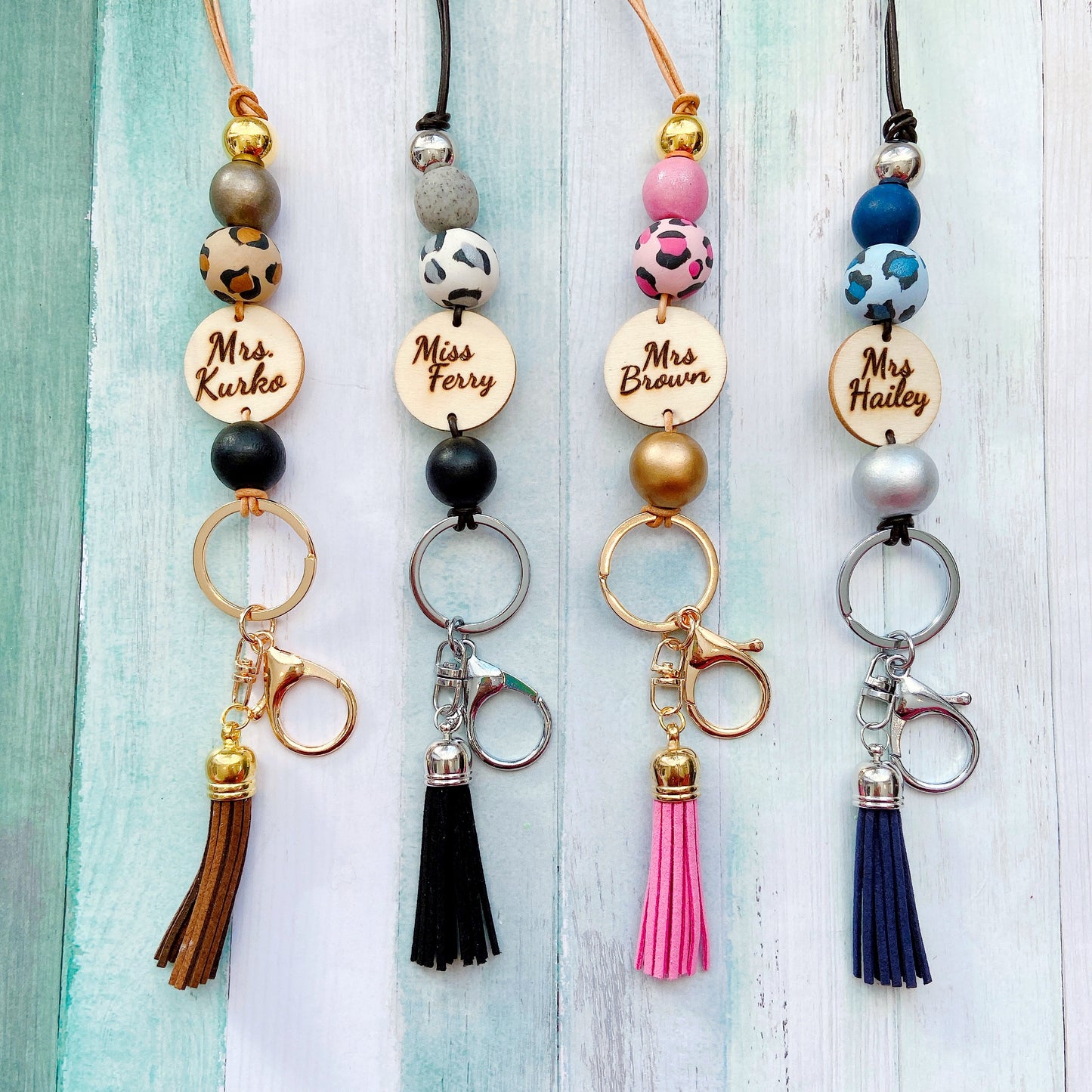 Personalised Animal Print Polymer Clay and Wood Bead Lanyard with Tassel